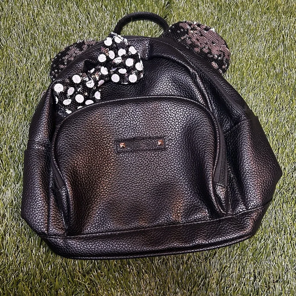 Disney Minnie Mouse Sequin Ear Mini Backpack Black Pebbled‎ Faux Leather Bow